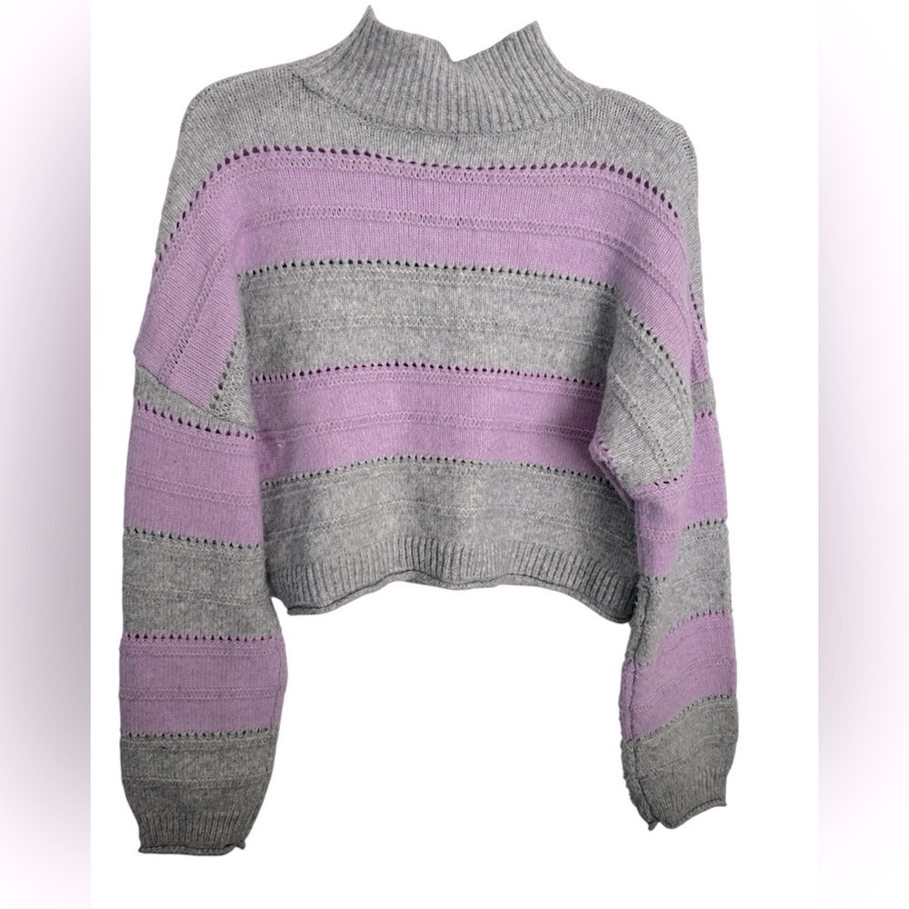 Cozy Cropped Sweater Lavender and Gray Stripes - Picture 2 of 5